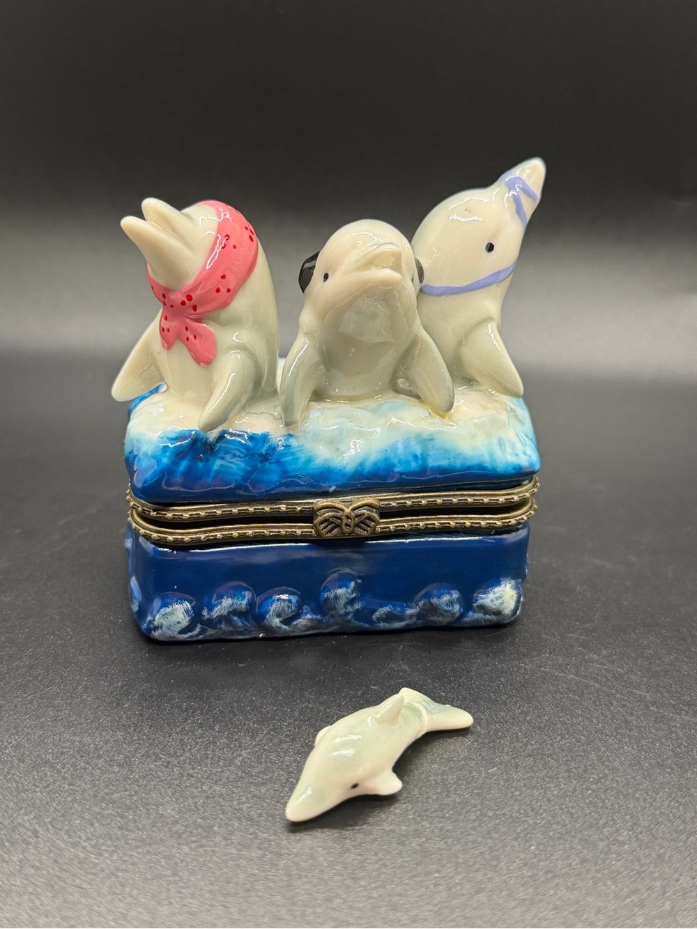 See No Evil Hear No Evil Speak No Evil Dolphin Trinket Box With Ceramic Trinket